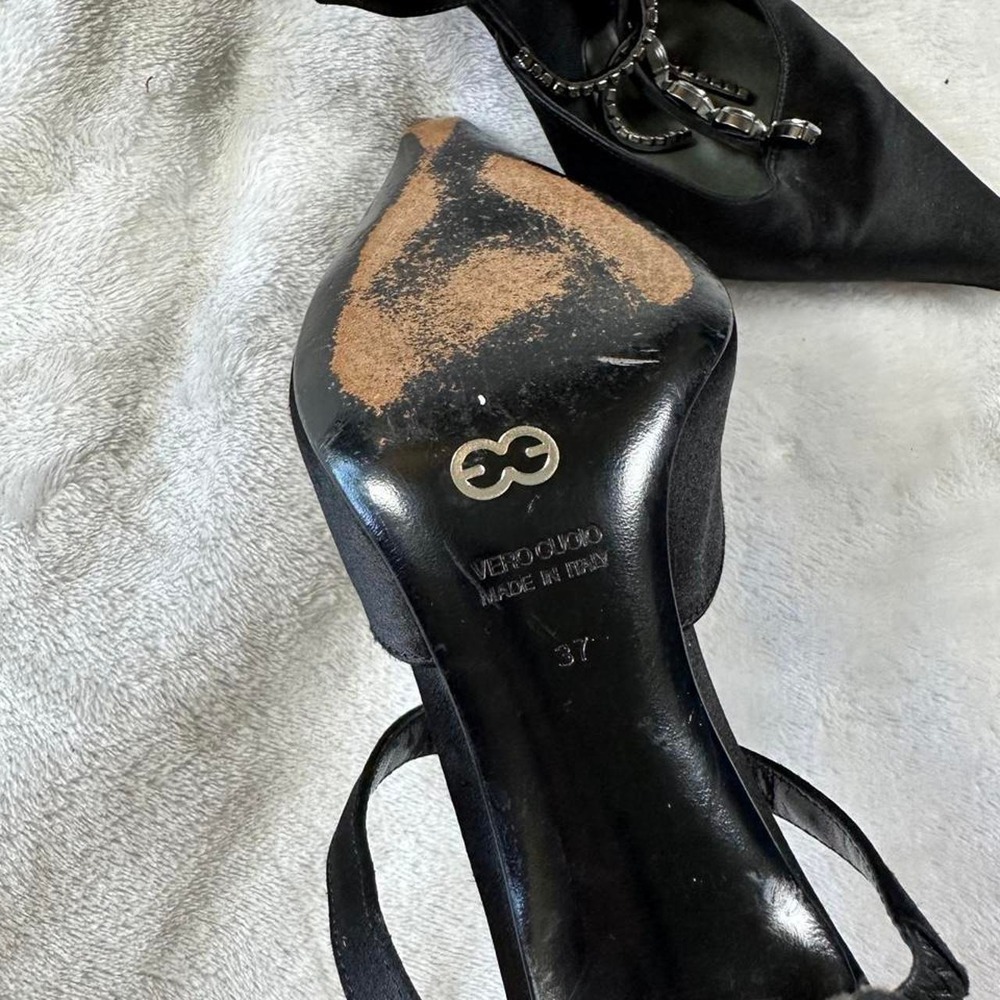 Escada black satin evening mules kitten heel pointed toe rhinestone y2k designer - Picture 5 of 5
